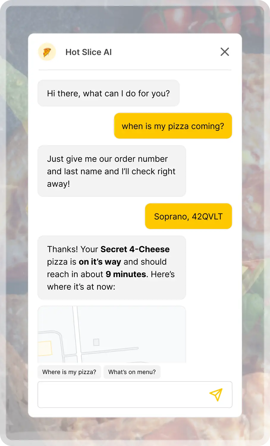 Mockup of a custom live ChatGPT chat widget. Share your menu, track orders, and answer delivery questions without tying up the phone line.