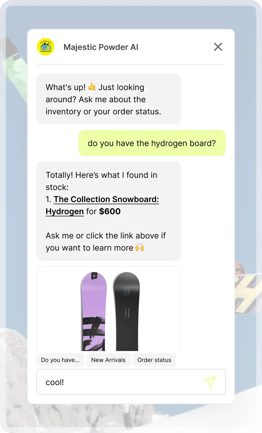 Mockup of a custom live ChatGPT chat widget. Turn your help center and product docs into an agent that qualifies trials and deflects support tickets.
